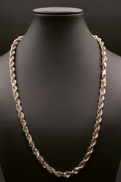 (14KT) 6MM - 10MM: White Gold Diamond Cut Rope Chain